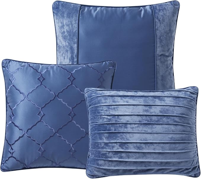 Queen Comforter Set 7 Piece - Ultra-Soft Comforter, 2 Shams, Elegant Bed Skirt, & 3 Decorative Throw Pillows - Luxurious Crushed Velvet Premium Bedding Ensemble for Sophisticated Bedroom, Navy Blue