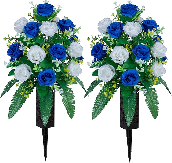DONODA 2 Sets Artificial Cemetery Flowers， Outdoor Grave Decorations Roses，Accompanied by 2 Long Nail Vases。Lasting and Non-Bleed Colors. (18 Heads (Dark Blue+White))
