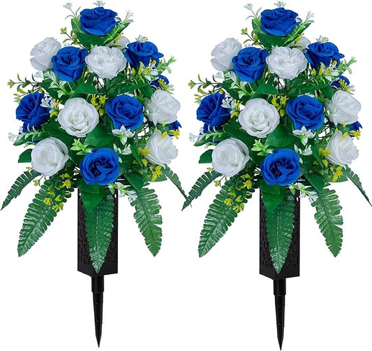 DONODA 2 Sets Artificial Cemetery Flowers， Outdoor Grave Decorations Roses，Accompanied by 2 Long Nail Vases。Lasting and Non-Bleed Colors. (18 Heads (Dark Blue+White))