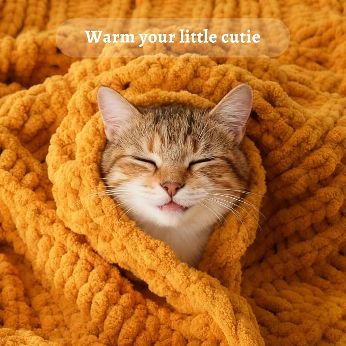 Battilo Chunky Knit Throw Blanket for Couch, Bed, 50"x60"，Mustard Yellow | Hand Knit, BohoThrow Blanket, Fall Decorative Throw, Cozy Warm Thick Soft Chenille Throw Blanket for Living Room