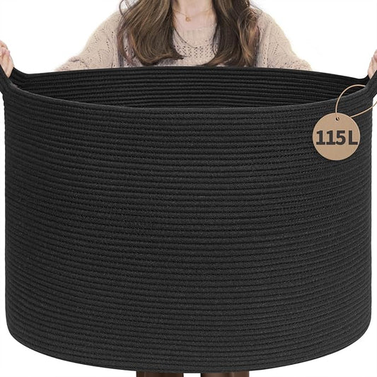 INDRESSME 115L Extra Large Black Blanket Basket, Dog Toy Bin Shoe Baskets Toy Box Organizer for Kids Decorative Laundry Basket for Home & Living Room, Black
