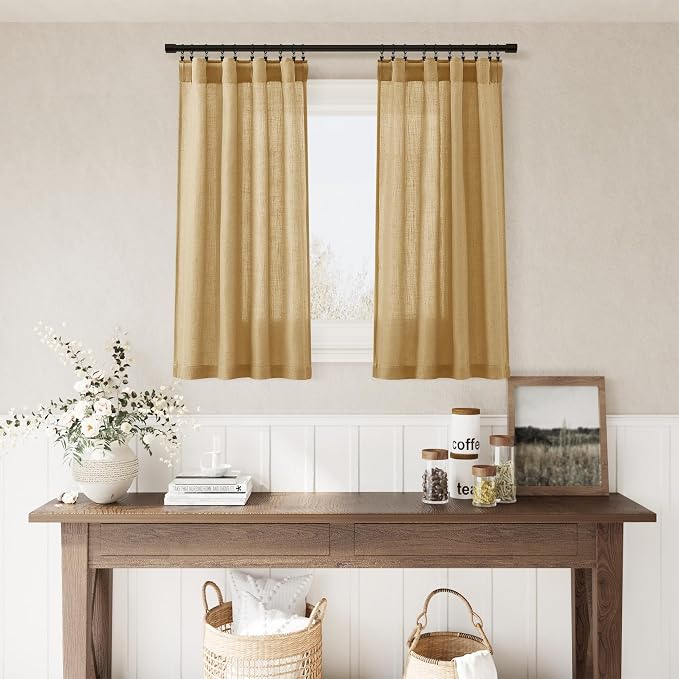Gold Yellow Cafe Curtains 30 Inch Length Linen Privacy Light Filtering Pleated Short Curtain Rod Pocket Back Tab Design Shabby Chic Kitchen for Bathroom Laundry Room Small Window 2 Panels 26Wx30L