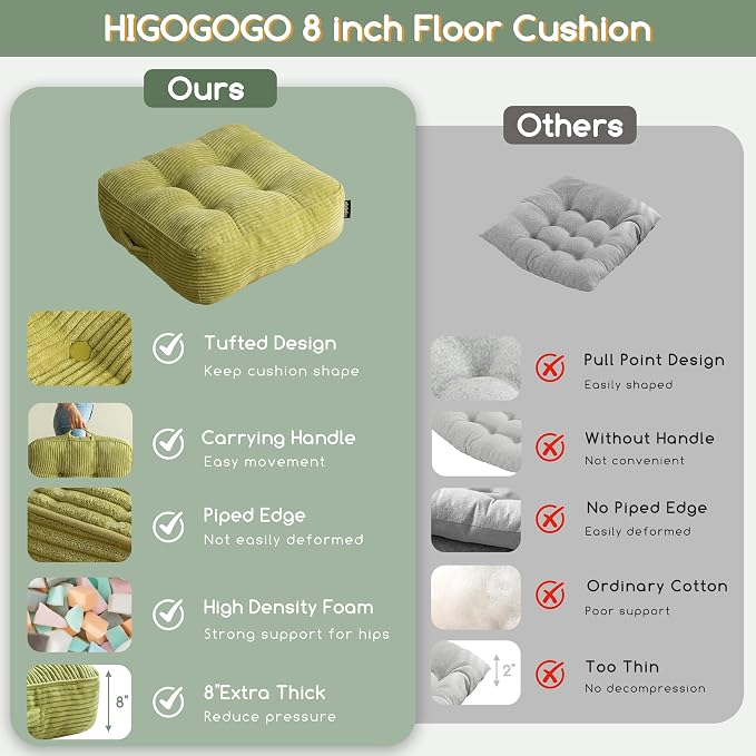 HIGOGOGO 8" Extra Thick Floor Pillow Cushion for Adults, Meditation Cushion Pillow, Large Square Floor Sitting, Tufted Corduroy Cover, for Tatami Living Room or Yoga, 22x22 Inch, 2Pack, Green