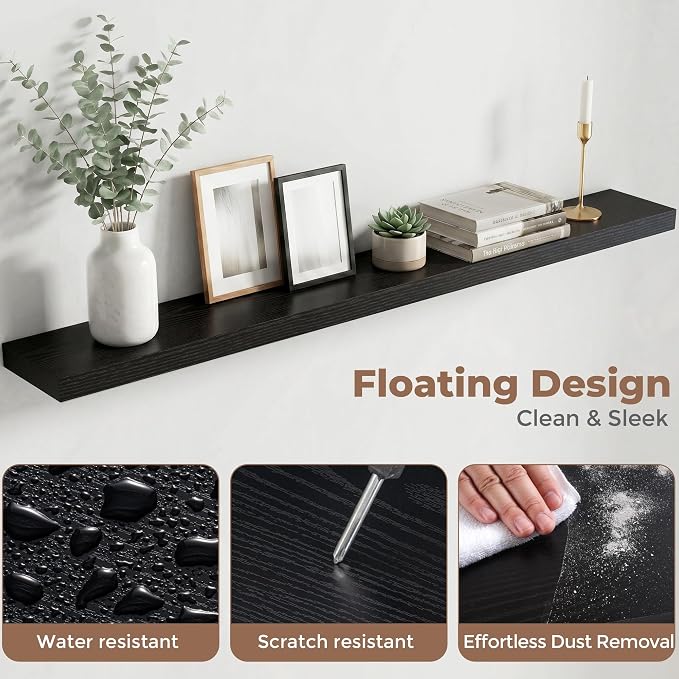 Venusmiles Floating Shelves for Wall, 55 Inch Floating Shelves Set of 2, 6.5" D Wooden Wall Mounted Display Shelves with Invisible Brackets for Living Room, Bedroom, Bathroom, Kitchen Decor, Black