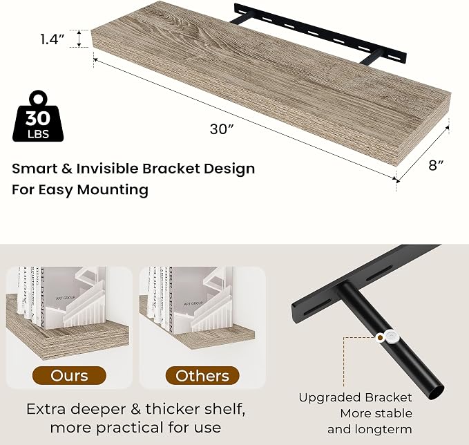 Dreamland 30Inch Floating Shelves for Wall 8" Deep Grey Set of 2 | Wall shelves for bathroom, bedroom, Living Room, kitchen, deep wall mount wood storage display for home decor 30" x 8"