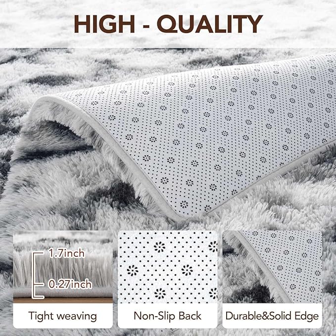 FinRèc 8x10 Rugs for Living Room Bedroom, Black and White Fluffy Shaggy Area Rug, Non-Slip Soft Shag Rug for Nursery Kids Room Dorm Room Home Decor, Indoor Plush Floor Carpet