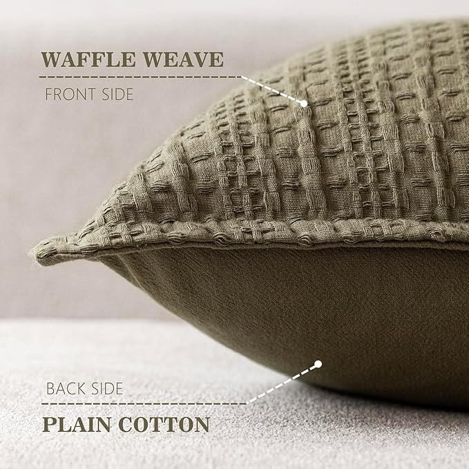 Foindtower Set of 2 Decorative Cotton Waffle Weave Throw Pillow Covers Euro Shams Cushion Covers Accent European Pillowcase for Bed Couch Sofa Bedroom Living Room Home Decor 22×22 Inch Olive Green