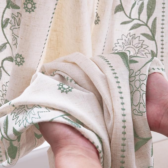 jinchan Winslow Linen Curtains 54 Inch Length Small Window Curtains Embroidered Bordered Floral Drapes Light Filtering for Bathroom Laundry Room Kitchen Farmhouse Decor Sage on Beige 2 Panels
