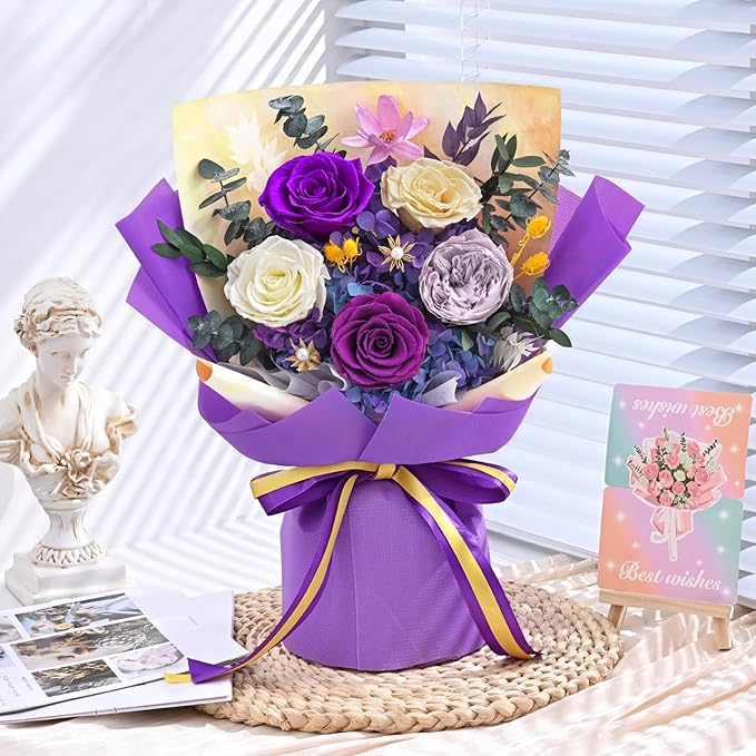 5 Pcs Glitter Purple Preserved Roses Flowers Bouquet, Forever Rose Flowers for Delivery, Birthday Gifts for Women, Long-Lasting Red Roses with Vase Gift Box, Forever Flowers for Wife Mothers Day