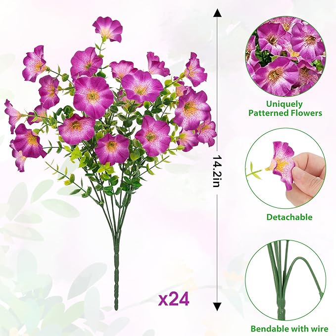 Ouddy Decor 24 Bundles Artificial Flowers for Outdoors, Fake Petunias Flowers Silk Morning Glory with Eucalyptus Faux Plants for Indoor Outside Spring Summer Yard Garden Porch Home Decor, Light Purple