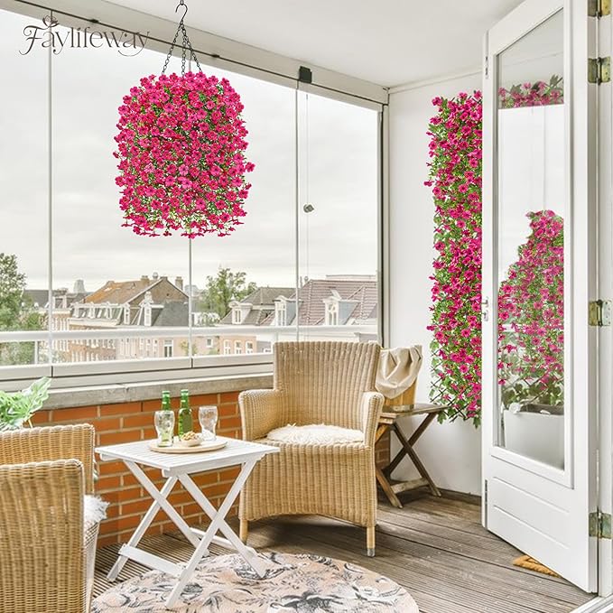 Artificial Hanging Flowers for Outdoors Spring Summer Decoration, 4PCS UV Resistant Silk Fake Hanging Plants for Patio Porch Front Yard Window Garden Indoor Decor(Hot Pink,8PCS)