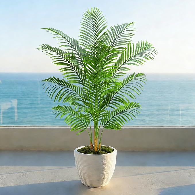 Artificial Palm Tree Plant 6FT Tall Fake Tropical Palm Tree in Pot, Real Bark Design Faux Areca Palm Tree for Home Office Living Room Bedroom Farmhouse Modern Indoor Outdoor Topiary Tree (18 Trunks)