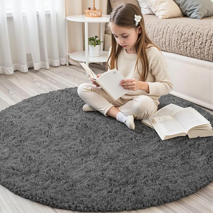 Dark Gray Round Fluffy Rug 6ft Plush Fuzzy Shaggy Carpet,Soft Rugs for Living Room for Nursery,Preppy Dorm,Classroom,Playroom,Teen,Baby Home Decor (Dark Gray 6"x6")