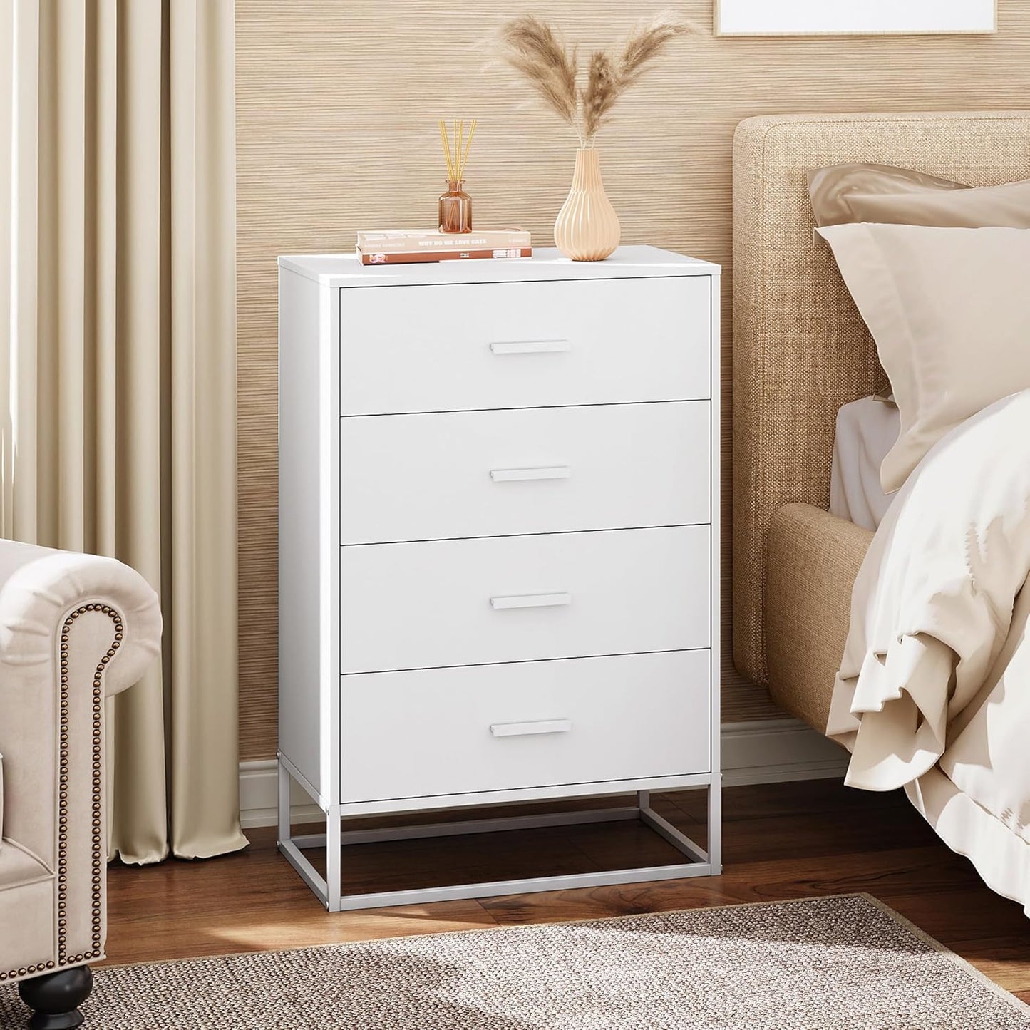 WLIVE White Wood Dresser for Bedroom with 4 Drawers, Tall Chest of Drawers with Sturdy Metal Frame for Living Room, Hallway, Closet