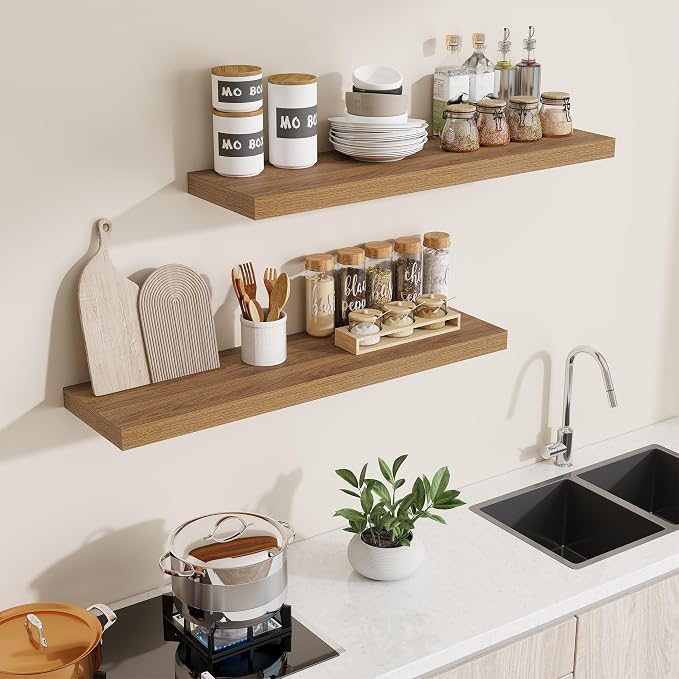 Dreamland 40Inch Walnut Floating Shelves 9.3" Deep Wall Mounted Set of 2 | Wall shelves for bathroom, bedroom, Living Room, kitchen, deep wall mount wood storage display for home decor 40" x 9.3"