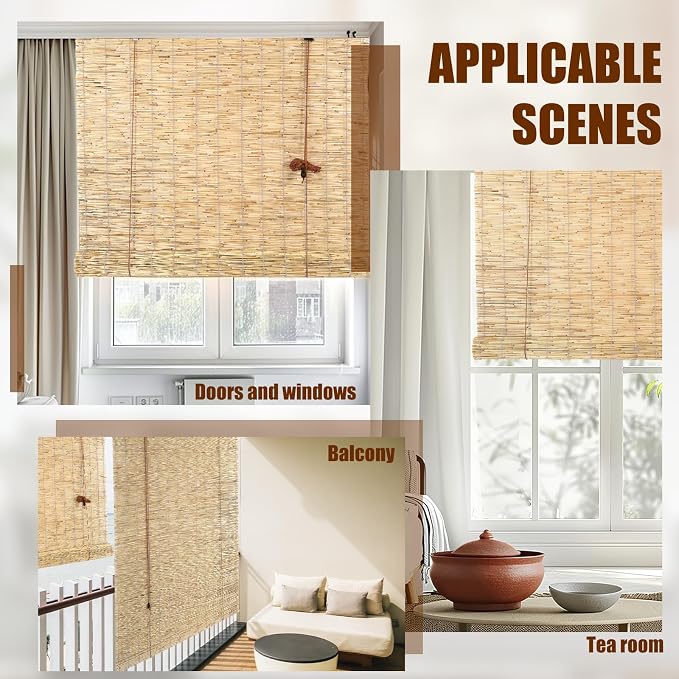 Reed Roller Blinds Shades, Vertical Lifting and Breathable Waterproof Design, Sun Shade and Ventilation, Easy Installation,24" Wx64 H