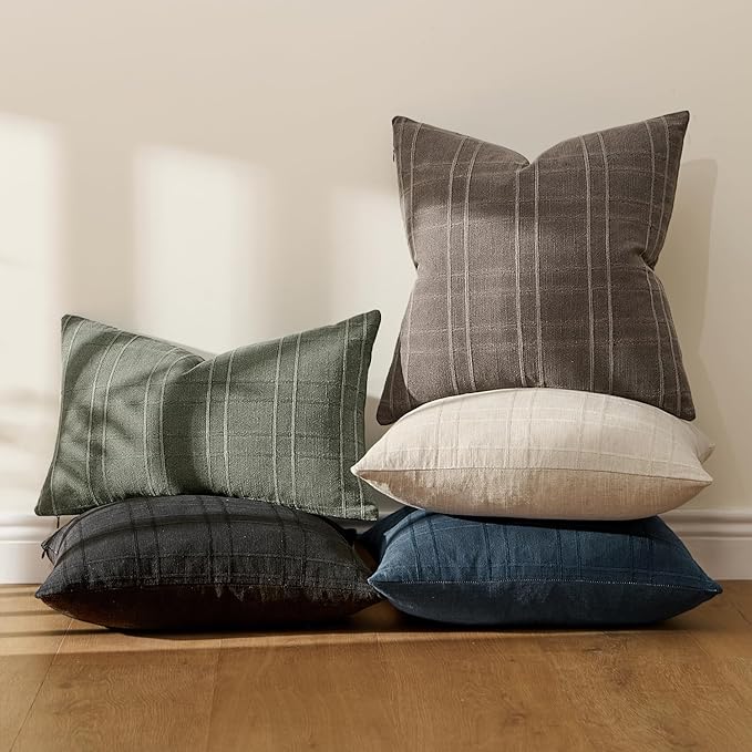 MIULEE Decorative Linen Check Euro Shams Throw Pillow Covers Neutral Farmhouse Vintage Pillow Covers 24x24 Set of 2 Boho Modern Winter Home Decor for Sofa Couch Bedroom Cushion Brown