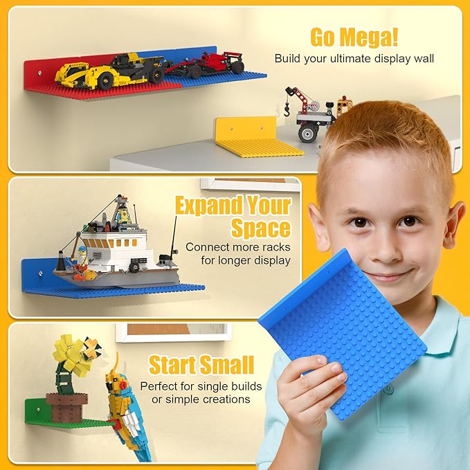 8-Pack Small Floating Shelves for Wall Compatible with Lego Building Bricks, 5x5.5inch Dual‑Sided 16x17 Studs for Toy Brick Storage and Display, ABS Display Shelves for Room Decor, Multicolor