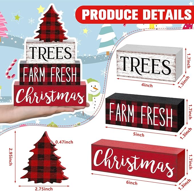 Marsui 4 Pcs Christmas Wooden Tabletop Decor Neutral Christmas Decor Rustic xmas Tree Block Sign Buffalo Plaid Table Centerpiece for Home Office Desk Tiered Tray Farmhouse Decorations