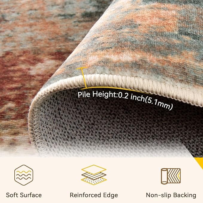 RELEANY Washable Area Rugs 2x7 Non-Slip Modern Abstract Soft for Living Room Entryway Bedroom Nursery, Print Pattern, Brown Rust Red Green Blue Multi