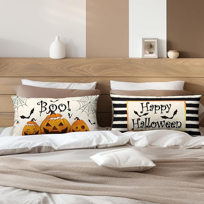 Happy Halloween Lumbar Pillow Covers 12x20 Set of 2 Pumpkin Bat Spider Web Waist Throw Pillow Covers Boo Pillow Halloween Rectangular Pillow Case for Home Decor Couch Outdoor
