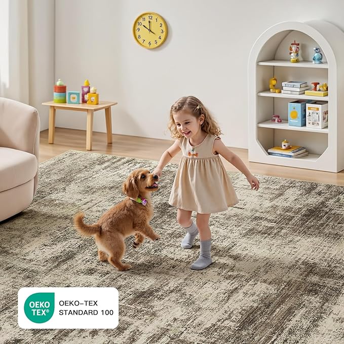 Lofus 9x12 Area Rug for Living Room, Brown Abstract Large Rugs with Non-Slip Backing, Neutral Modern Washable Carpet for Bedroom Dining Room Home Office Nursery Indoor