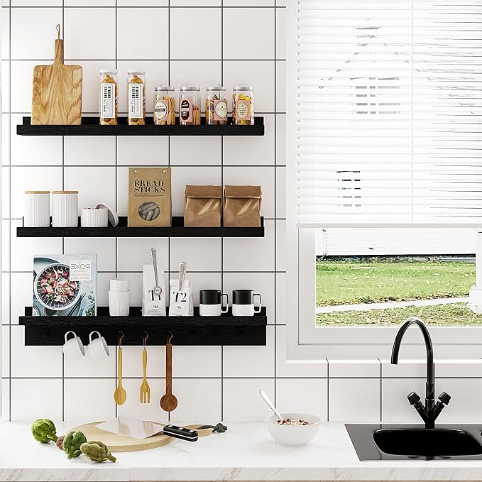 MBYD Solid Wood Black Floating Shelves for Entryway, 36 Inch Wall Shelf with Hooks & Wooden Pegs, Modern Versatile Picture Ledge to Organize Living Room, Bedroom, Declutter Items & Hang Keys, Bags