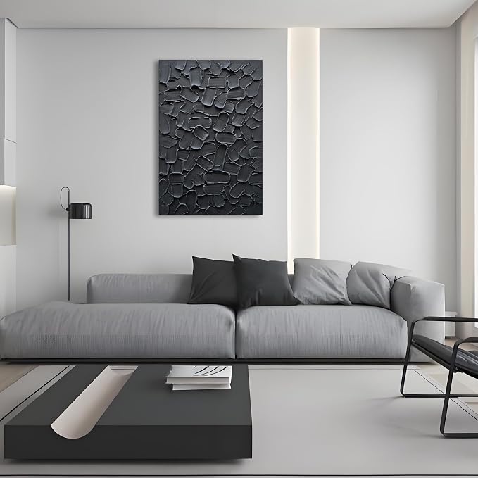 NANKAI Art Hand Painted Pure Black Modern Minimalist Oil Painting 36x24 inch Vertical Thick Texture Wall Art Home Office Corridor Wall Decorative Art