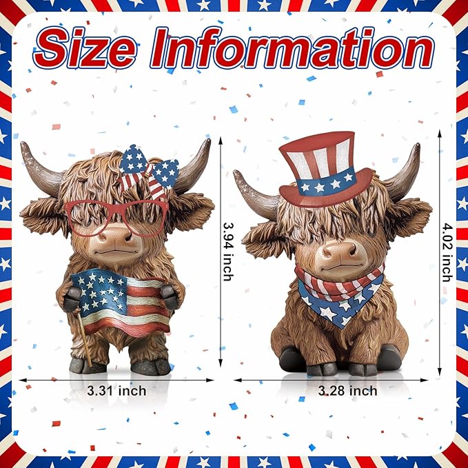 Karenhi 2 Pcs Patriotic Highland Cow Decor American Flag Figurines for 4th of July Memorial Day, Red White Blue Resin Cow Statues for 250th Anniversary Home Table Garden Decor
