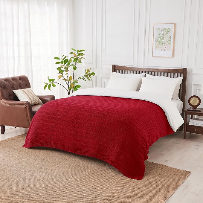 Douceur Christmas Red Throw Blanket for Bed, Soft Cozy Lightweight Stripe Pattern Knitted Throw Blanket for Sofa, Living Room Gift, 50"X60"