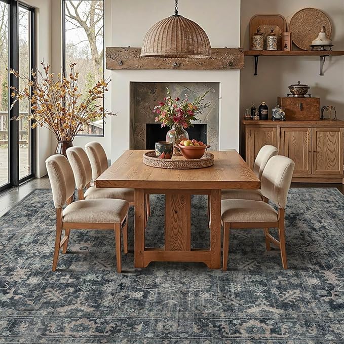 Rugxara 8x10 Area Rugs for Living Room Bedroom, Large Washable Rug, Blue Vintage Retro Boho Rug, Non Slip & Low Pile Faux Wool Thin Carpet for Indoor Dining Room and Kids Room(Blue 8x10ft)