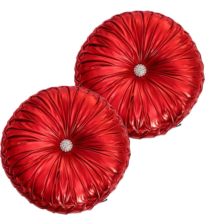 HIG Set of 2 Handcrafted Red Ruched Round Throw Pillows – 14.5’’ Metallic Leather Decorative Pillows with Soft Polyester Filling for Couch, Bed, Living Room, Bedroom, or Dorm
