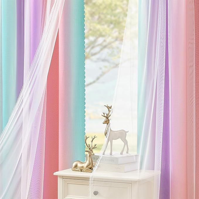 XiDi Double Layer Curtains for Nursery Girls Bedroom 84 Inches Long Full Blackout for Kids Princess Room Colorful Rainbow Design Unicorn Wall Decor Ombre Pink Purple Green Curtains W52 X L84 2 Panels
