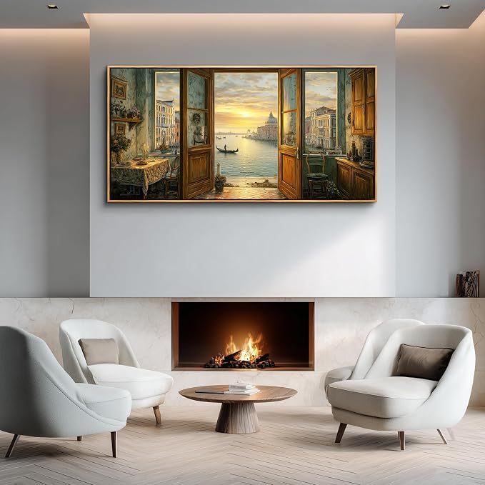 XIGUANGART Large Framed Vintage Wall Art, Living Room Country Farmhouse Decor, Italy Venice Grand Canal Landscape Paintings, Canvas Prints, Scenery Long Pictures for Bedroom Above of Bed,20x40inch