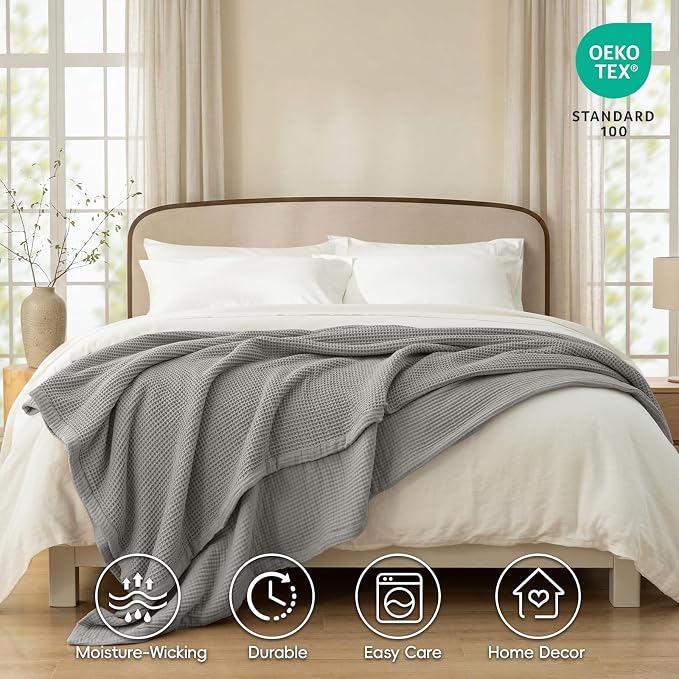PHF 100% Cotton Waffle & Muslin Blanket Queen Size, Soft Breathable Luxury 400GSM Versatile Reversible Bedding for Bed, Great for Layering in Cold Weather, Home Decor Gift, 90" x 90", Frosted Grey