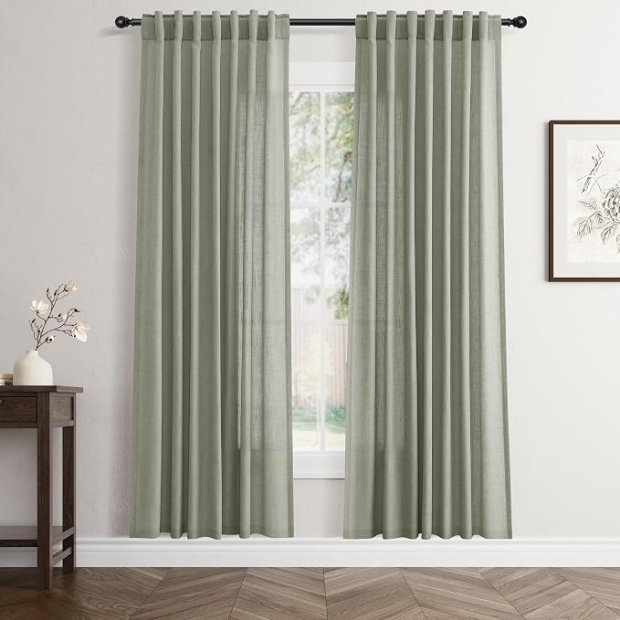 Jowels Sage Green Linen Curtains 80 Inch Long 2 Panels for Living Room | Light Filtering Semi Sheer Curtain, Back Tab Pocket Pleated Look, Boho Farmhouse Textured Privacy Drapes for Bedroom Window