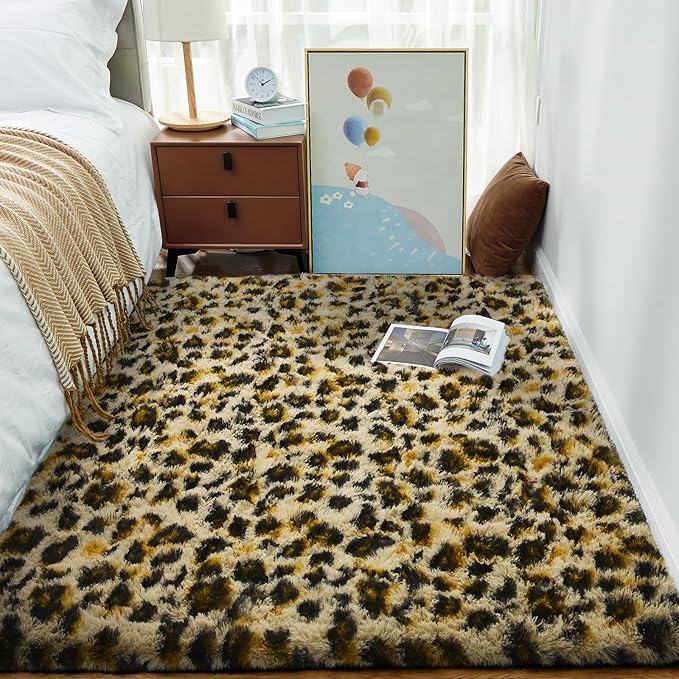 Ophanie 4x6 Leopard Rugs for Bedroom Living Room, Fluffy Shag Large Fuzzy Plush Soft Throw Cheetah Print Rug,Large Shaggy Floor Big Carpets, Kids Home Decor Aesthetic, Nursery