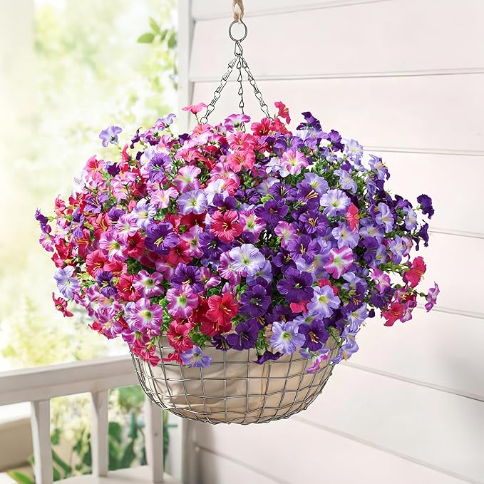 Artificial Flowers for Outdoors Decoration, 20 Bundles Purple Faux Morning Glory with Eucalyptus Look Real UV Resistant Fake Plants Silk Flowers for Outside Yard Gardens Porch Patio Planter Home Urn