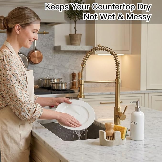 Travertine Sponge Holder for Kitchen Sink, 2-in-1 Sponge & Brush Holder, 2 Slot Natural Stone Sink Caddy for Countertop, Keeps Countertops Dry, Non-Slip Base, Elegant Kitchen Decor, Beige