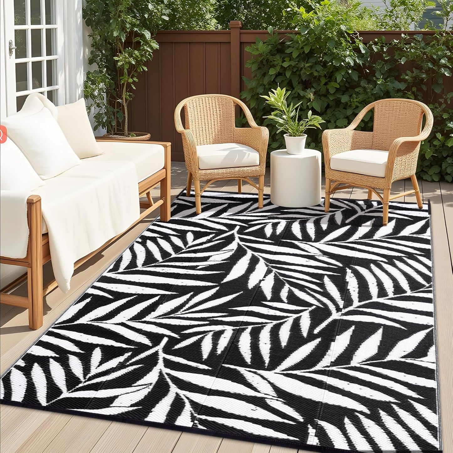 OLANLY Waterproof Outdoor Rug 6x9 ft, Reversible Outdoor Plastic Straw Rug with Leaf Pattern, RV Mat, Indoor Outdoor Carpet for Patio, Camping, Balcony, Deck, Backyard, Black & White