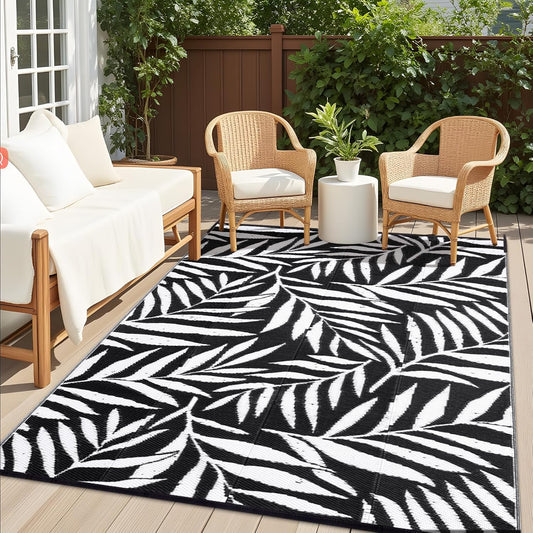 OLANLY Waterproof Outdoor Rug 6x9 ft, Reversible Outdoor Plastic Straw Rug with Leaf Pattern, RV Mat, Indoor Outdoor Carpet for Patio, Camping, Balcony, Deck, Backyard, Black & White