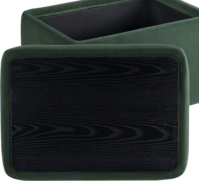 Studio Living Connor 24” Small Storage Ottoman with Reversible Tray Lid, Velvet Upholstered Footrest & Accent Bench, Hidden Storage, Metal Legs, Modern Boho Design, Green
