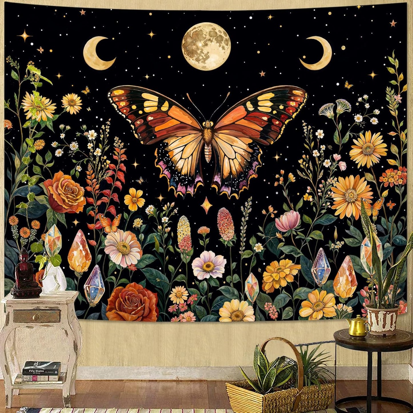 Lunerfex Boho Butterfly Tapestry Flower Moon Wall Tapestry, Moon Phases Tapestries for Bedroom Cute Tapestries Wall Hanging for Bedroom Living Room Decor Butterfly-2 44"x60"