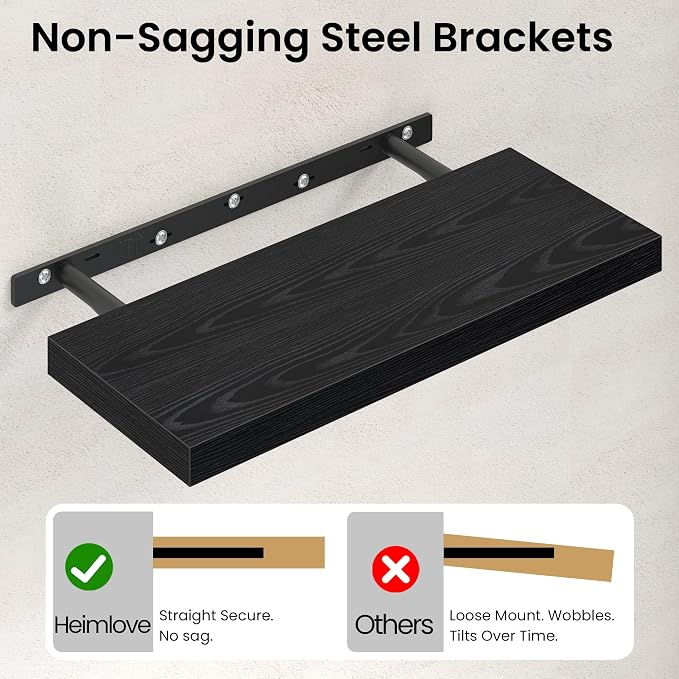 Heimlove 16 inchs Floating Shelves for Wall Set of 2,Black Shelf for Small Bathroom,Bedroom,Living Room,Kitchen,Modern Home Decor,Rustic Farmhouse Wall Shelves with Invisible Brackets