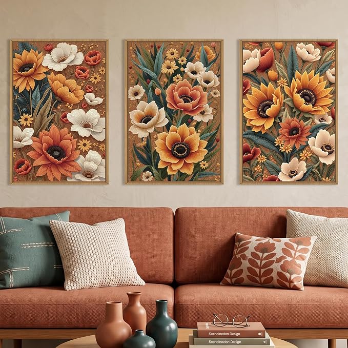 BICERE Large Boho Flower Botanical Framed Canvas Wall Art,Abstract Floral Wall Decor,Embroidery Plant Wall Painting,Bloom Wildflower Artwork for Living Room,Bedroom,Dining Room,Office -24"x36"x3