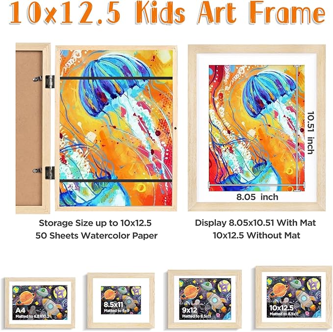 KINLINK 10x12.5 Kids Art Frame Set of 2, Solid Wood Kids Artwork Frames Changeable with Front Opening Hold 150 Pictures, Art Frames for Kids Art with Mat，without Mat 10x12.5 Picture Frame Natural