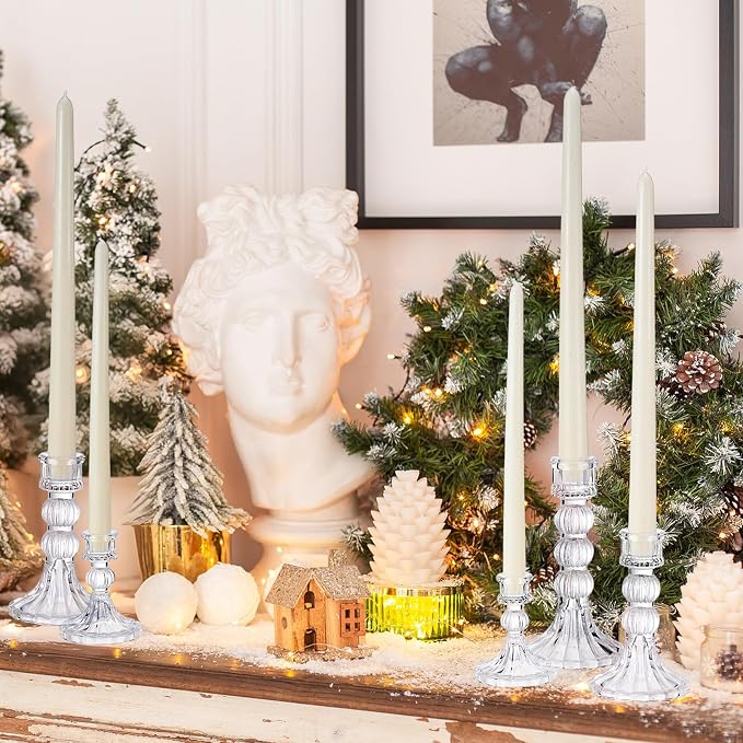 Mumufy 24 Pack Glass Taper Candle Holders Clear Candlestick Holder Fit 0.8 Inch Candles 4'' 6'' 8'' Tall Crystal Decorative Candlestick Stand Centerpiece for Table Wedding Dining Party (Vertical)