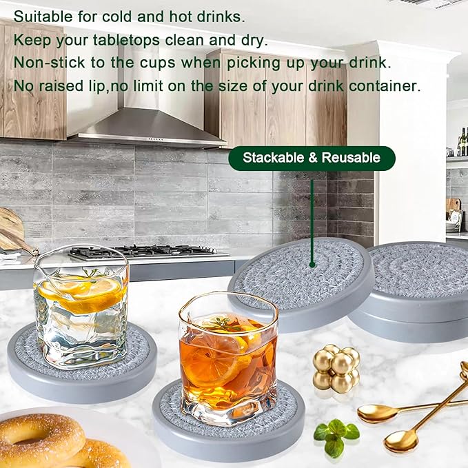 Eykao Drink Coasters Set of 5, Coasters for Drinks Absorbent, Wood Coasters for Coffee Table, Housewarming Gift for Farmhouse Home Decor,4 inches (Gray)