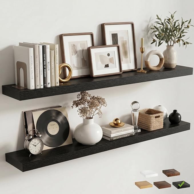 55 Inch Floating Shelves for Wall, 8"D Wood Storage Shelves, Black Finish | Engineered Wood, Invisible Bracket, Large Storage, Easy Install, Hold Up to 88lbs, Living Room, Bathroom, Bedroom, Kitchen