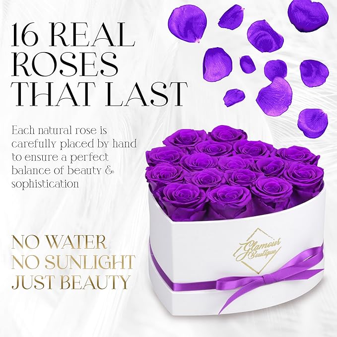 GLAMOUR BOUTIQUE Preserved Roses in a Box - Gifts for Her, Wife & Mom, Rose Flowers Forever Decor for Birthday Gift, Get Well Flower Bouquet Cased in White Box with Cover - Purple - 16 (Color-Treated)